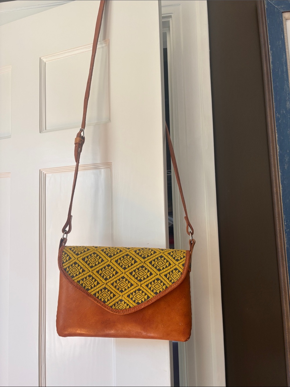 Leather Crossbody Bag with Yellow Patterned Flap